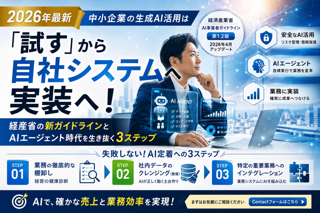 2026年の中小企業向け生成AI活用をテーマにしたアイキャッチ画像。スーツ姿の男性が近未来的なオフィスでAIエージェントやデータ分析画面を操作しており、「試す」段階から自社システムへの実装へ進む流れを表現している。経産省のAI事業者ガイドライン、AIエージェント、安全なAI活用、業務への実装、AI定着の3ステップが視覚的に示されている。