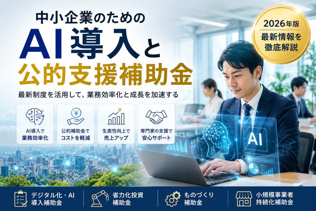 中小企業のAI導入と公的支援補助金をテーマにしたアイキャッチ画像。オフィスでノートパソコンを操作するビジネスマンの周囲に、AIやデータ分析を表すホログラムが表示されている。画像内には「AI導入」「公的支援補助金」「業務効率化」「コスト軽減」「売上アップ」などの要素が配置され、デジタル化・AI導入補助金、省力化投資補助金、ものづくり補助金、小規模事業者持続化補助金を活用して、中小企業の成長を支援するイメージが表現されている。